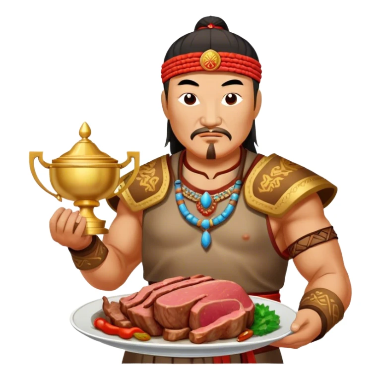 genghis khan holds a cooket meat on a dish on his right hand and holds a trophy on his left hand sticker