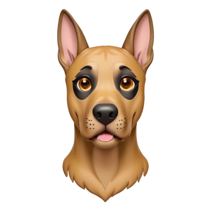 Cinematic Comical Fawn Great Dane Portrait Emoji, Head tilted dramatically with an exaggeratedly amused expression, featuring a sleek fawn coat with a subtle dark mask, wide, expressive amber eyes filled with playful disbelief, Simplified yet hilariously expressive features, highly detailed, glowing with a slightly sassy glow, high shine, dramatic yet playful, stylized with an air of cheeky mischief, bright and endearing, soft glowing outline, capturing the essence of a spirited and over-the-top guardian, so meme-worthy it feels like it could side-eye its way into internet fame instantly! sticker