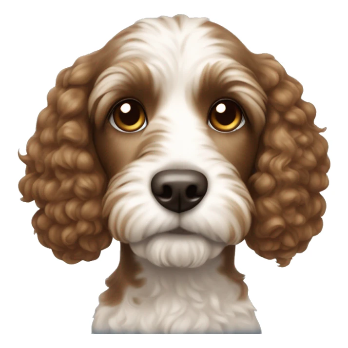 Girl with the brown hairs and eyes keeps Dog cockapoo brown color with the white neck  sticker