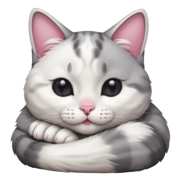 grey and white small cat with its eyes closed lying down with its head resting own paw sticker