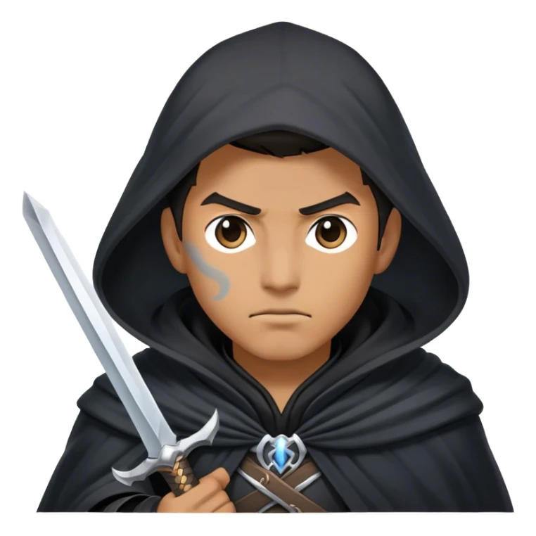 A mysterious swordsman in a black cloak, mist swirling around him sticker