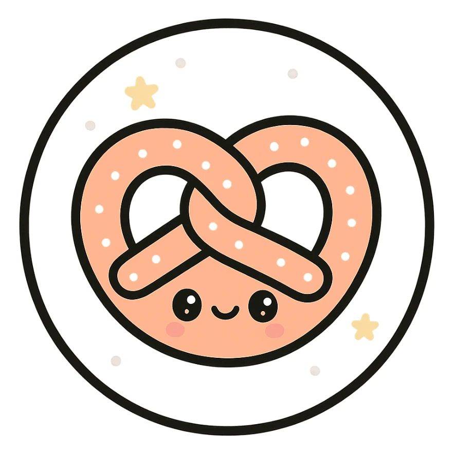 little alchemy style icon
subject: pretzel
border: medium-black
shape: round, circular
background: white
style: full color fill with medium black outlining sticker