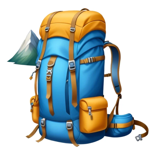 Icon for Mountain Tourism and Climbing: a mountain peak in the background, climbing gear and backpack. The icon should capture the adventure and challenge of alpine exploration. Transparent background. sticker