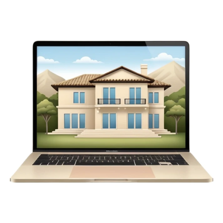 
light beige open macbook sideways with luxury villa on screensaver sticker
