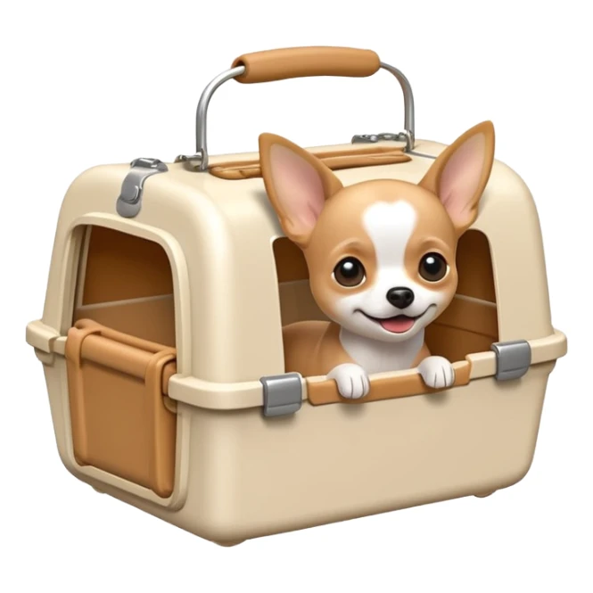 Create a 3D Apple iOS emoji-style icon of a white plastic pet carrier with a tan Chihuahua inside. sticker