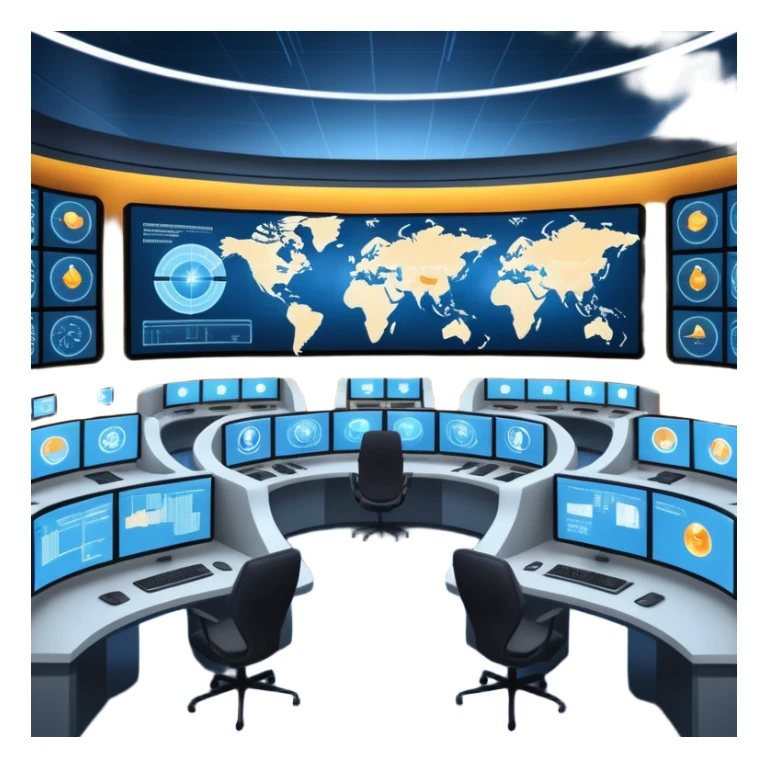 Cinematic mission control center, massive curved video walls with complex telemetry and glowing data visualizations, symmetrical high-tech workstations, dim blue and amber ambient lighting, sharp focus, hyper-realistic, atmosphere of absolute precision. sticker