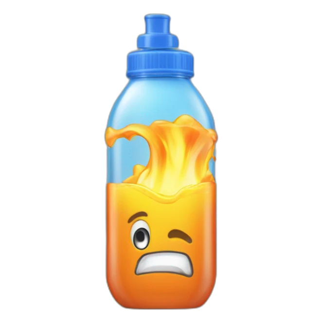 plastic bottle with blue cap, and detitle being SLAP in blue color with a yellowish cartoony fire on the background and the juice being orange sticker