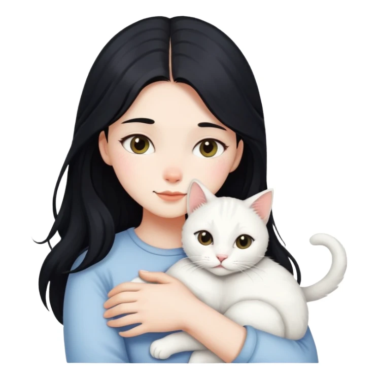 Long black-haired girl hugging a white cat sticker