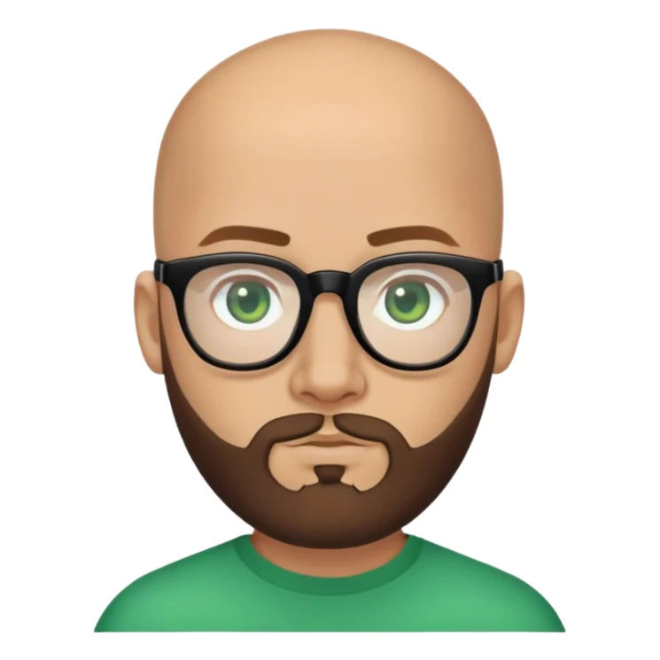 Bald young Guru, mid-lenght brown beard, green eyes, black frame glasses sticker