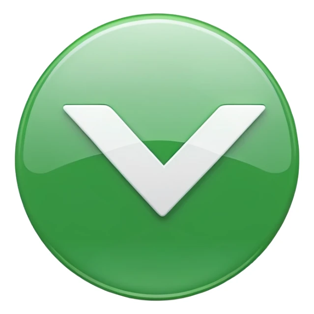 Green circular checkmark icon, white check symbol in center, glossy 3D button style, smooth surface, soft shadow, minimal design, centered composition, high resolution sticker