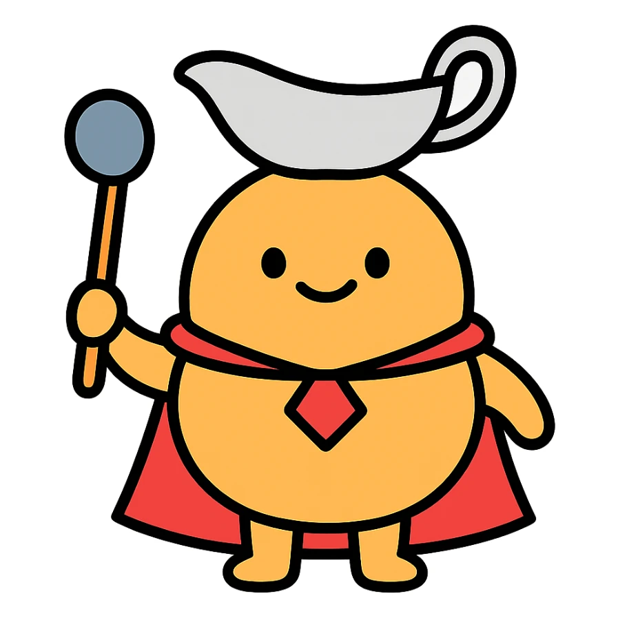 mascot style Gravy Lord round friendly character with a gravy boat hat, cape, and ladle, bold simple style sticker