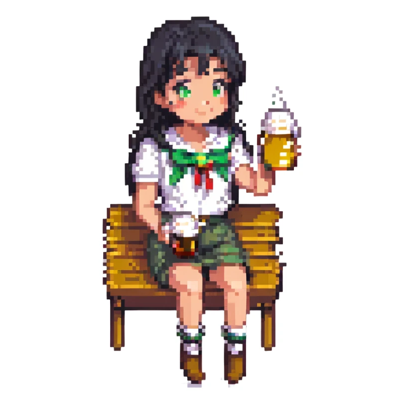 black haired girl drinking beer, pixel art style sticker
