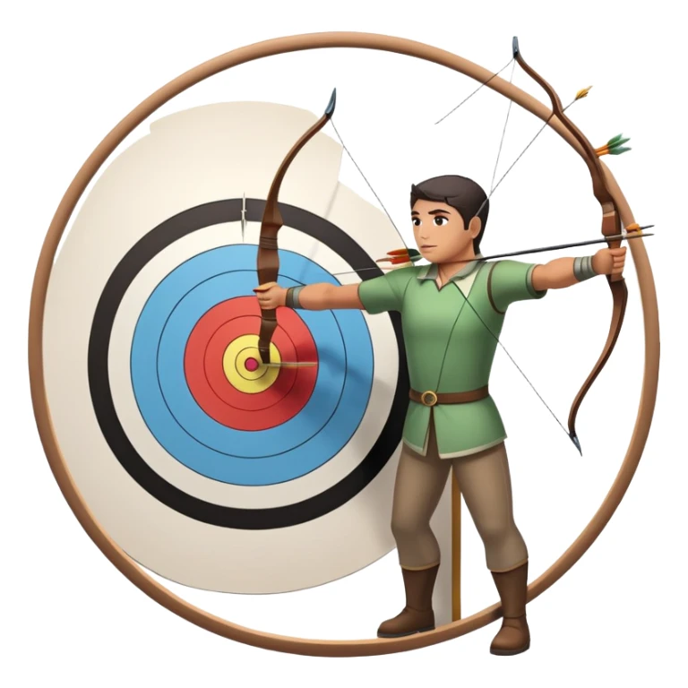 An archer drawing a bow and aiming an arrow at a target, with perfect focus and precision. The target is visible in the background, featuring concentric rings. The scene captures the concentration and skill involved in archery, emphasizing the elegance and accuracy of the sport. sticker