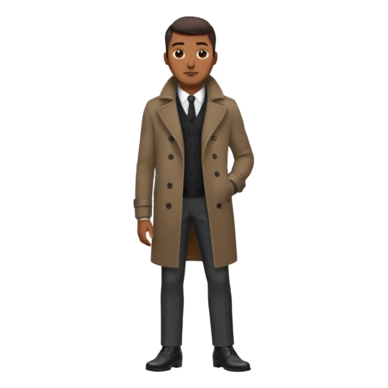 Handsome Black guy with brown skin tone, wearing black slacks, a gray sweater, long brown pea coat, and black shoes sticker