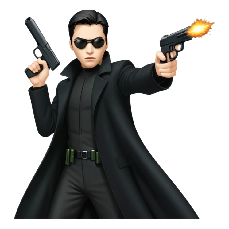 Neo from The Matrix in long black coat, sunglasses, and stopping bullets sticker