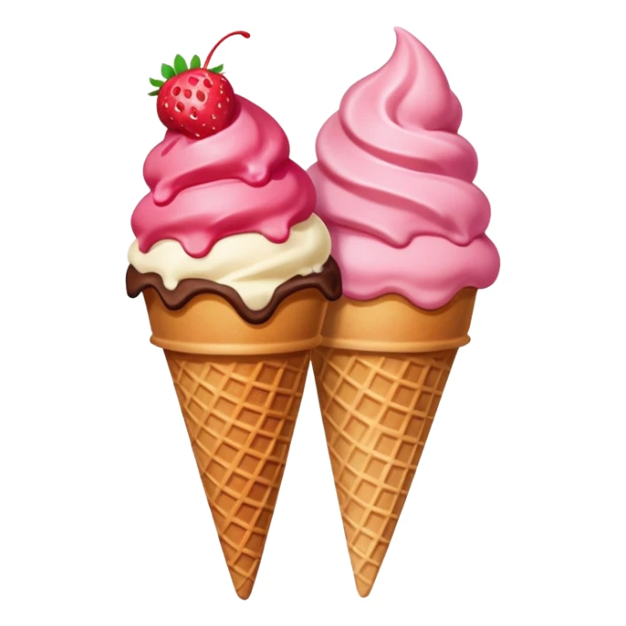 two scoops strawberry and chocolate ice cream in a waffle cone, vibrant colors sticker