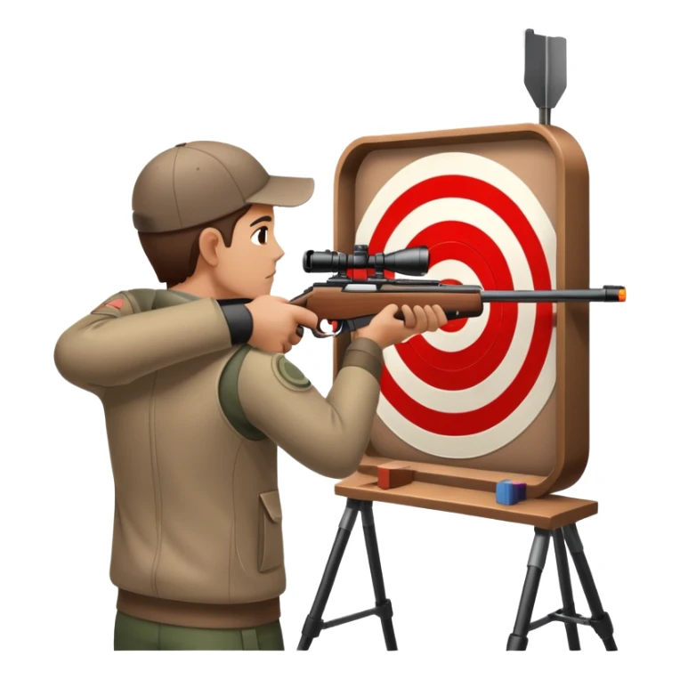 A focused shooter aiming a rifle at a target, standing in a shooting range with perfect posture. The target is in clear view, and the atmosphere is intense and precise, emphasizing concentration, accuracy, and discipline in the sport of shooting. sticker