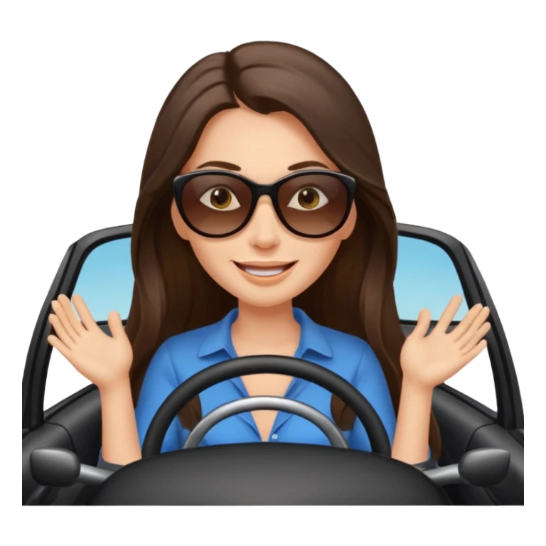 Brunette long hair driving car like crazy. Happy face confidence  sticker