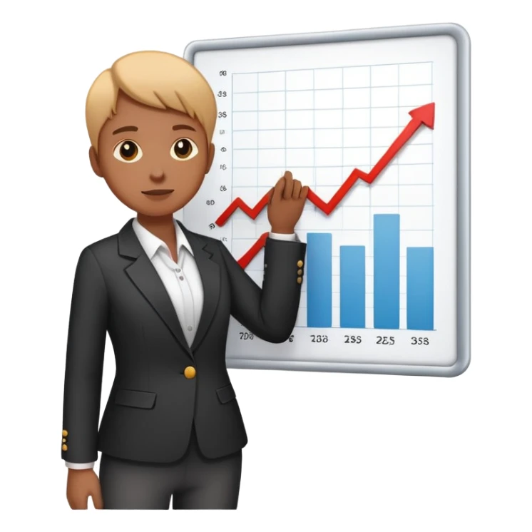 person presenting in front of a simple chart or graph, wearing a blazer and confident posture sticker