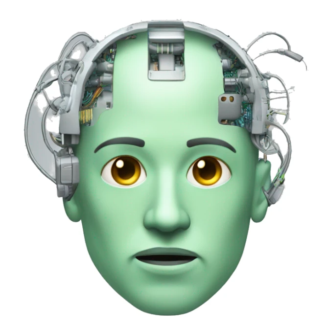 Pastel green bald male cyborg head with goatee and circuitry sticker