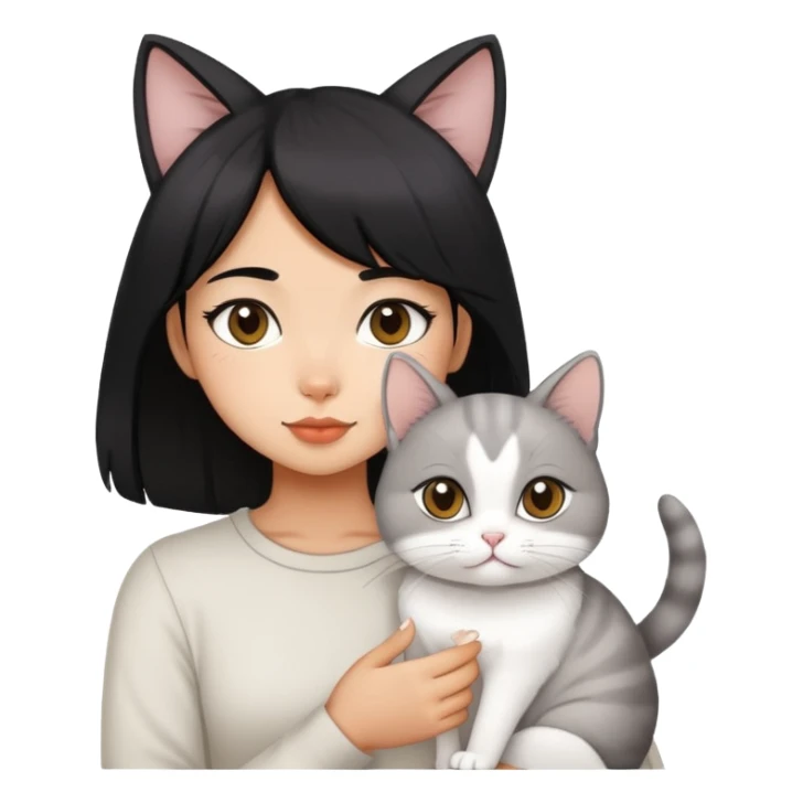 black hair girl with Chinchilla white cat sticker