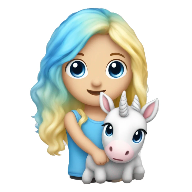 Kleinkind mit blauen Augen und blondem Haar mit einem Einhorn Kuscheltier in der Hand  sticker