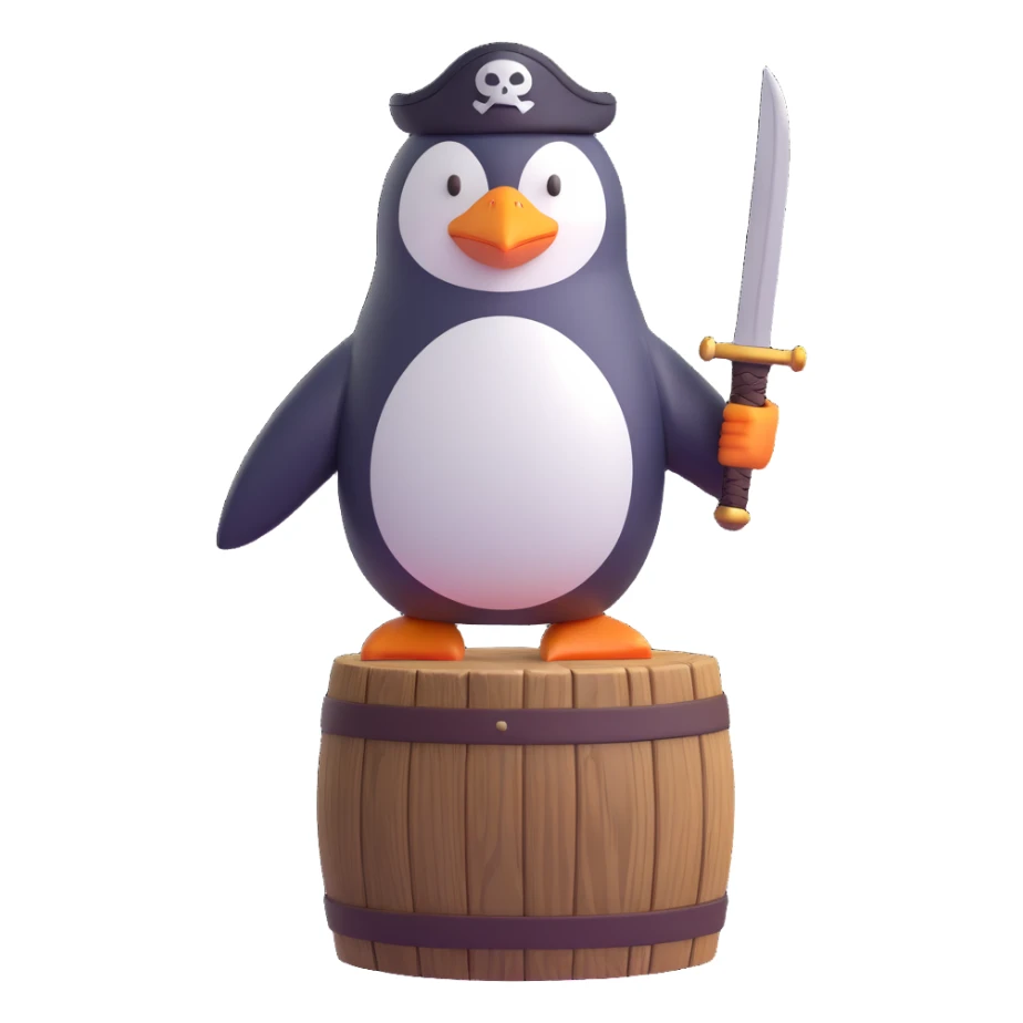 a penguin pirate standing on a wooden barrel, with a sword sticker