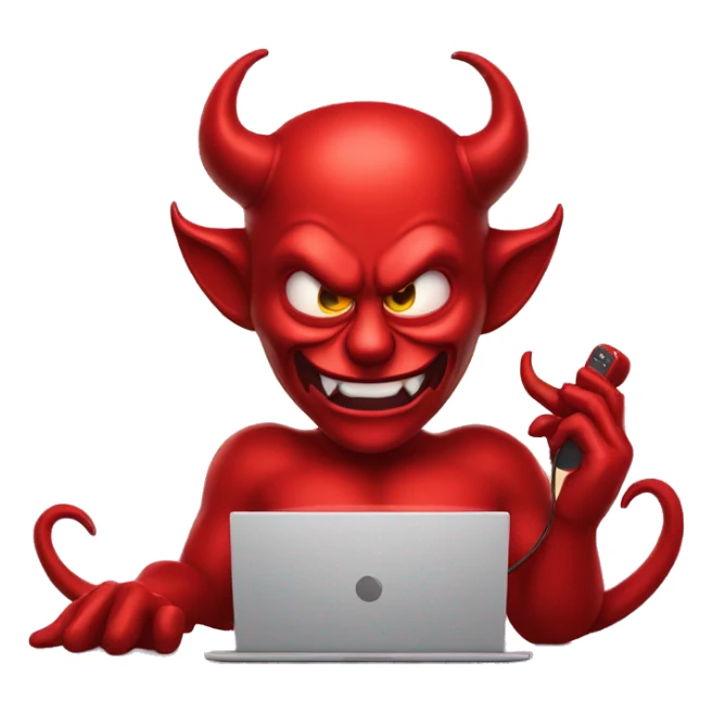 devil on the phone, in front of a laptop sticker
