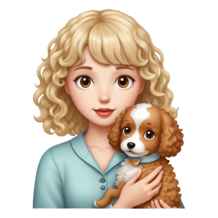 A beautiful girl with bangs holding a light-colored curly dog sticker