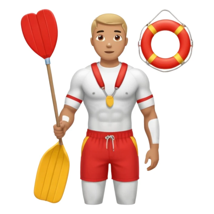 Male lifeguard – red shorts, whistle around neck, holding rescue float, full body sticker
