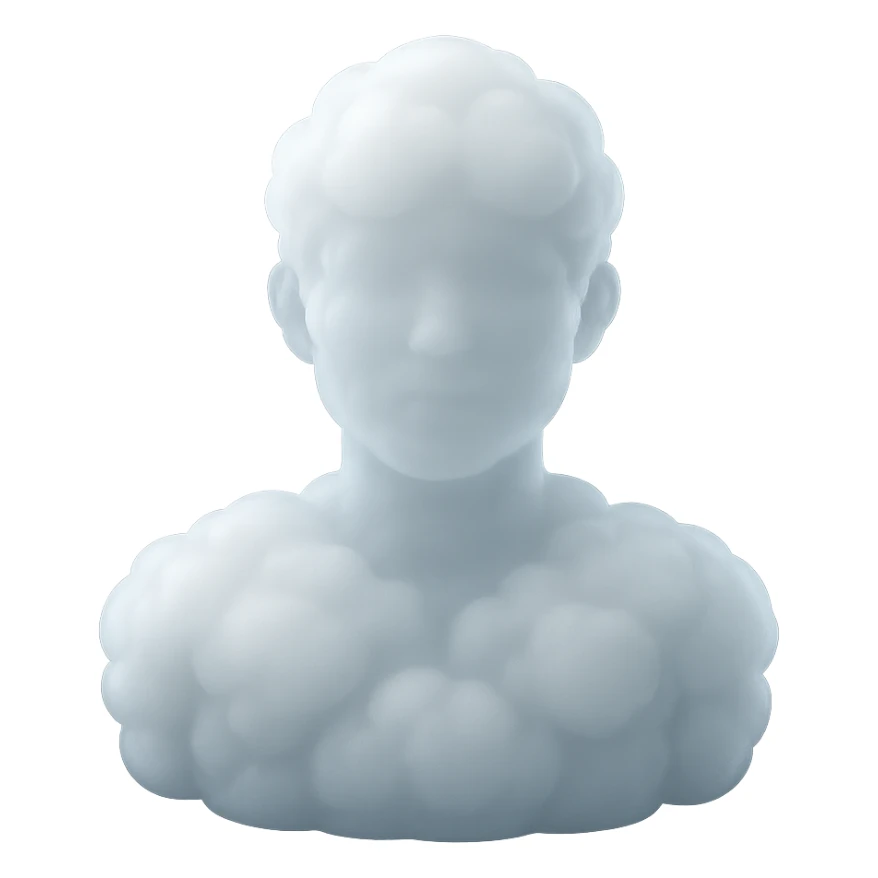 A person from the shoulders up, entirely composed of fluffy white convex clouds sticker