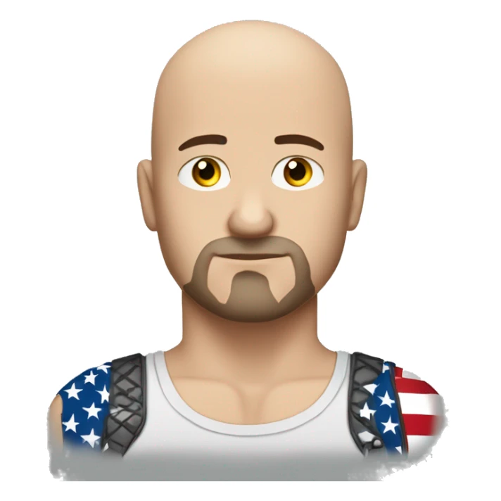  Bald white guy with goatee who looks sad wearing a American flag tank top with a Bald eagle on his shoulder  sticker
