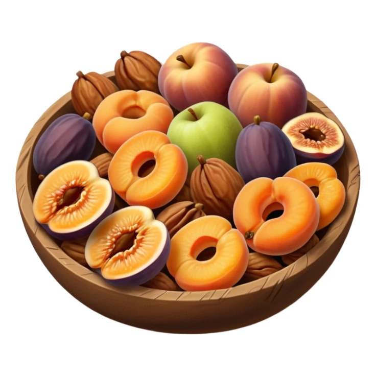 group of dried fruits including apricots, figs, dates, raisins, apple rings, arranged together, realistic texture, warm colors, slight wrinkles, soft shadows, 3D clean style, no bowl, transparent background sticker