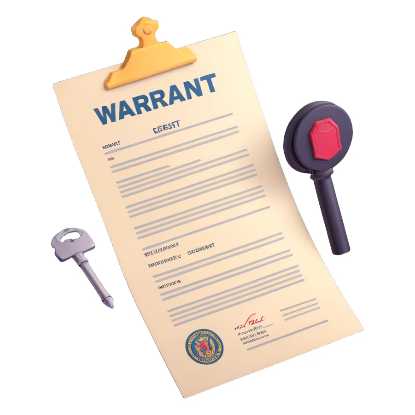 Make the paper of the 3D arrest warrant document icon more white, keeping the large 'WARRANT' at the top, body text, signature, and official stamp at the bottom. Maintain the 3D, icon style with bright lighting and transparent background. sticker