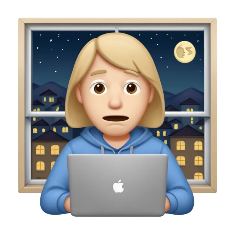 tired student with laptop, window at night behind, droopy mouth sticker