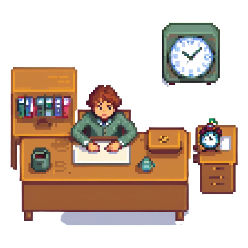 character at a desk looking at a clock, dreaming of the weekend sticker