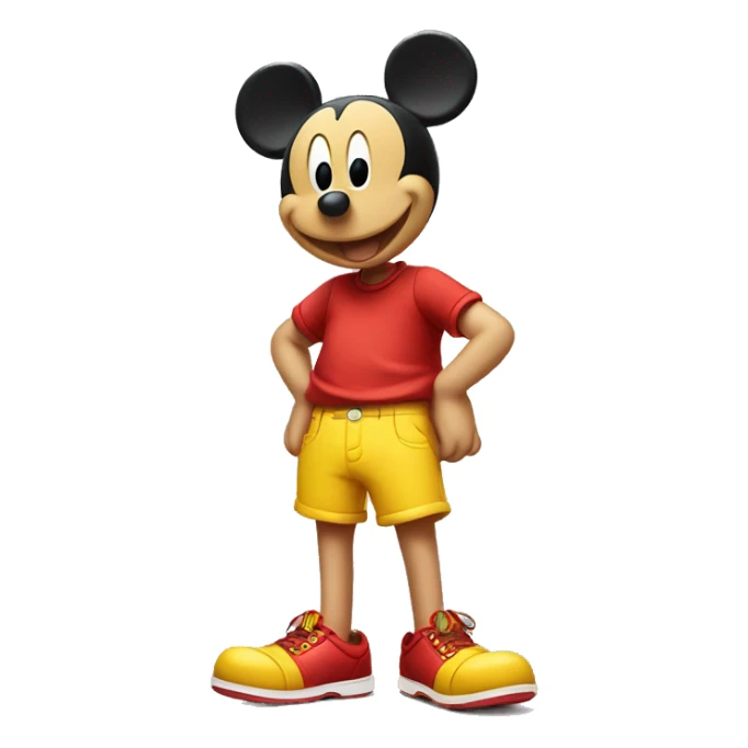 Mickey Mouse wearing red shorts and big yellow shoes, smiling happily. sticker