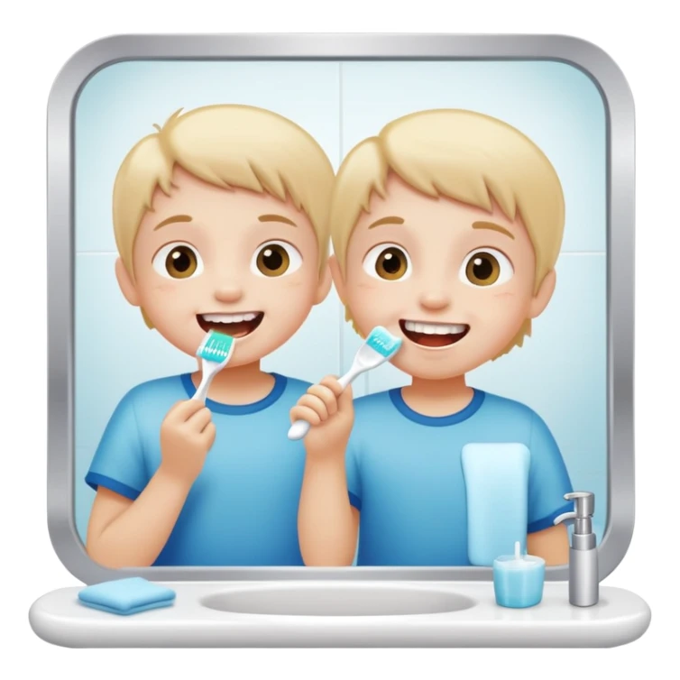 child brushing teeth in front of a bathroom mirror, cheerful expression sticker