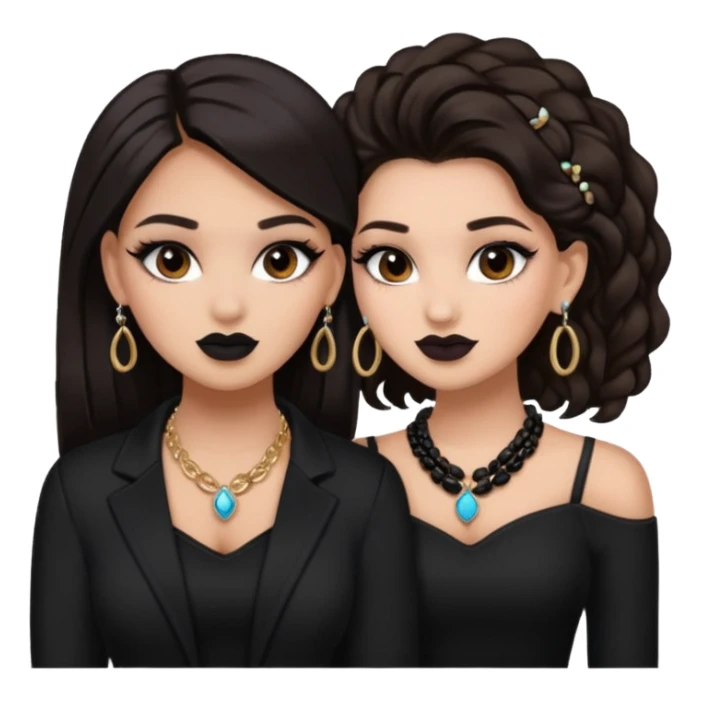 Boujy baddie best friends, trendy heavy makeup both dark hair one light skinned and one mocha brown pretty hair style both wearing black and earrings and necklace  sticker