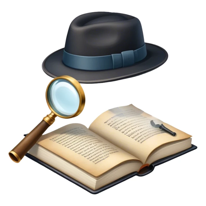 Icon for Detective Reading: an open book with text and a magnifying glass, a detective’s hat and a notebook with clues, surrounded by dark shadows and mysterious elements like footprints and a smoking pipe. Transparent background. sticker
