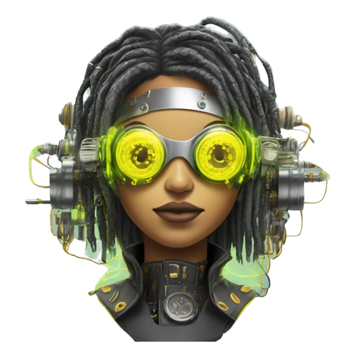 Neon yellow bobbed hair Latina female cyborg head with silver steampunk goggles and circuits sticker