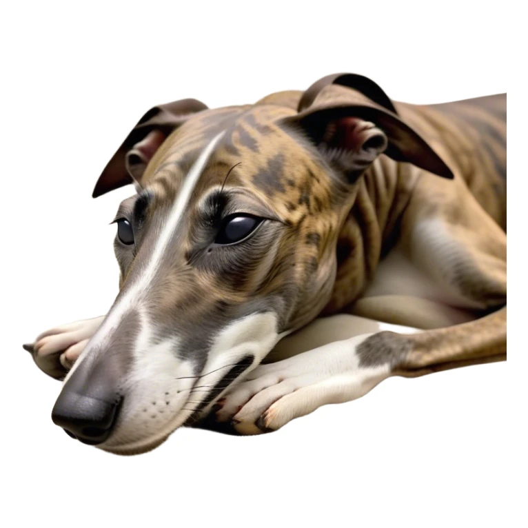 Meme-Worthy Cute Sleeping Brindle Greyhound Portrait Emoji, Head resting peacefully with a contented smile, showcasing a slender build and a luxuriously smooth brindle Fur, eyes shut in a serene nap, Simplified yet hilariously adorable features, highly detailed, glowing with a soft, drowsy light, high shine, relaxed and utterly lovable, stylized with an air of playful laziness, bright and heartwarming, soft glowing outline, capturing the essence of a comically sleepy racer, so meme-worthy it feels like it could instantly become the next viral sensation of adorable slumber! sticker