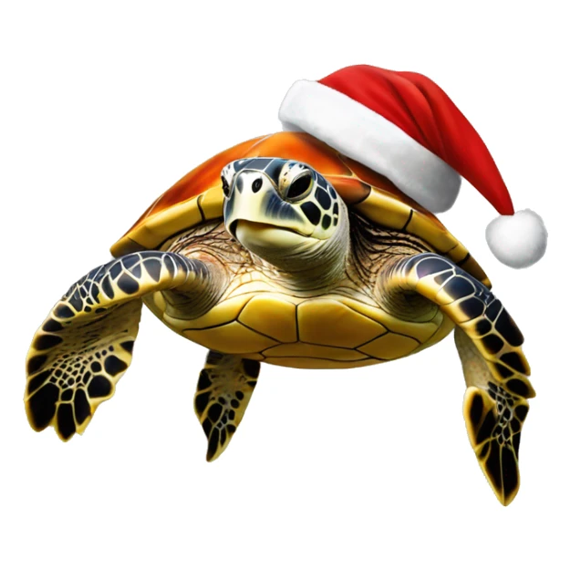 a sea turtle is swimming, smiling, wearing a santa hat, art, realistic art, white background, side view sticker