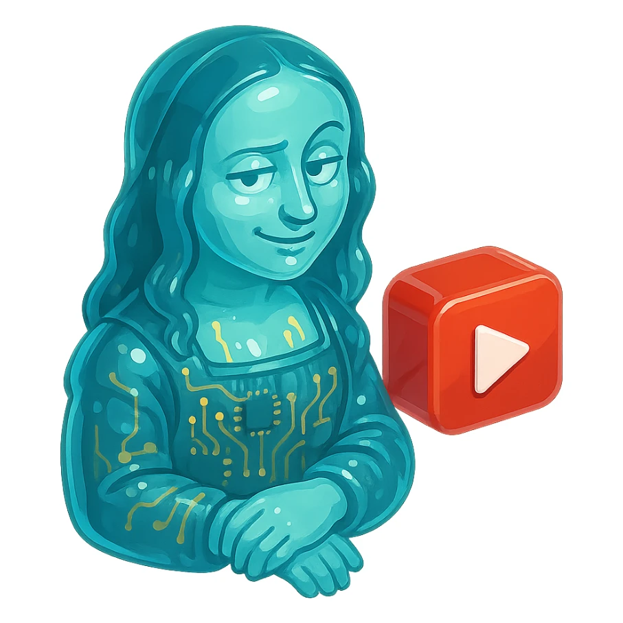 Mona Lisa with a sarcastic expression, holding or next to a red YouTube play button, glossy circuit style sticker