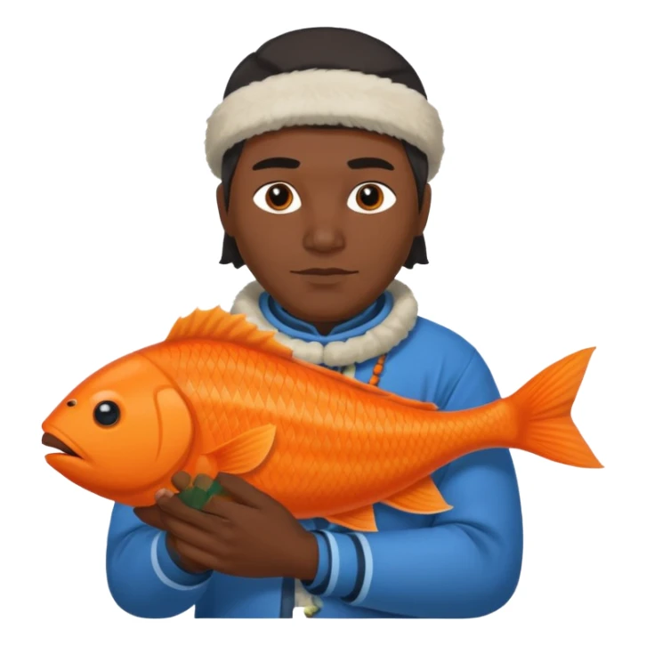 inuit man with traditional clothes and orange fish sticker