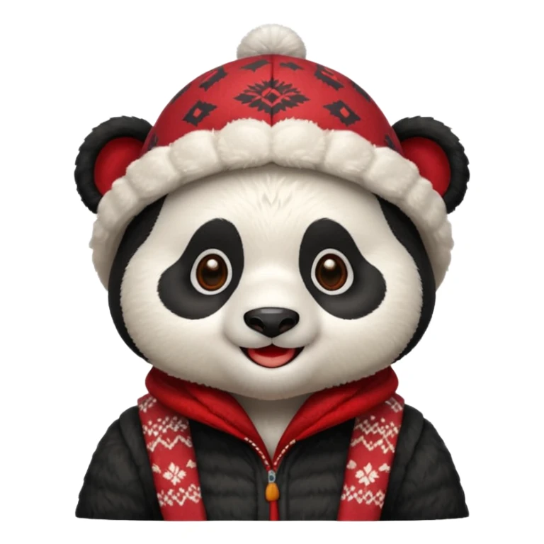 Photorealistic close-up of a cute, smiling panda wearing a red patterned winter trapper hat. Happy expression, cheerful vibe. Simple studio background. Detailed textures, sharp focus sticker