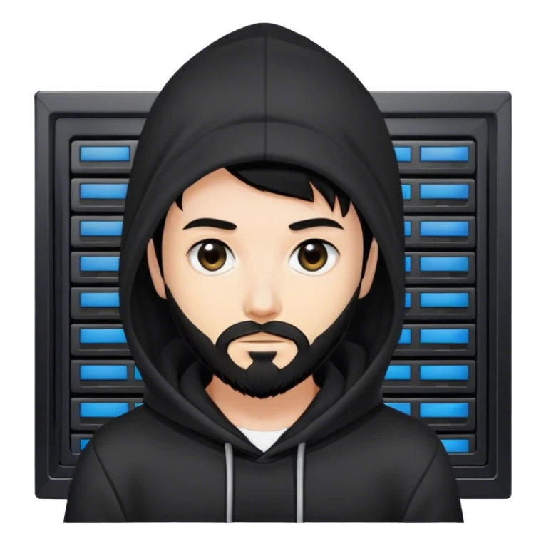 hackeur blanc cheveux noir barbe et capuche noir à côté d'un server ia sticker