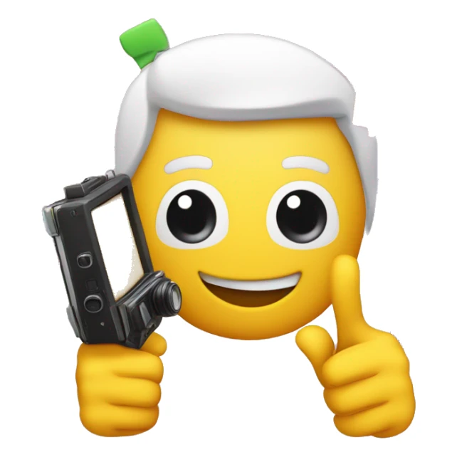 An emoji depicting challenge videos, featuring a camera and two hands giving a thumbs up, with colorful question marks and exclamation points around, symbolizing fun, excitement, and various challenges sticker