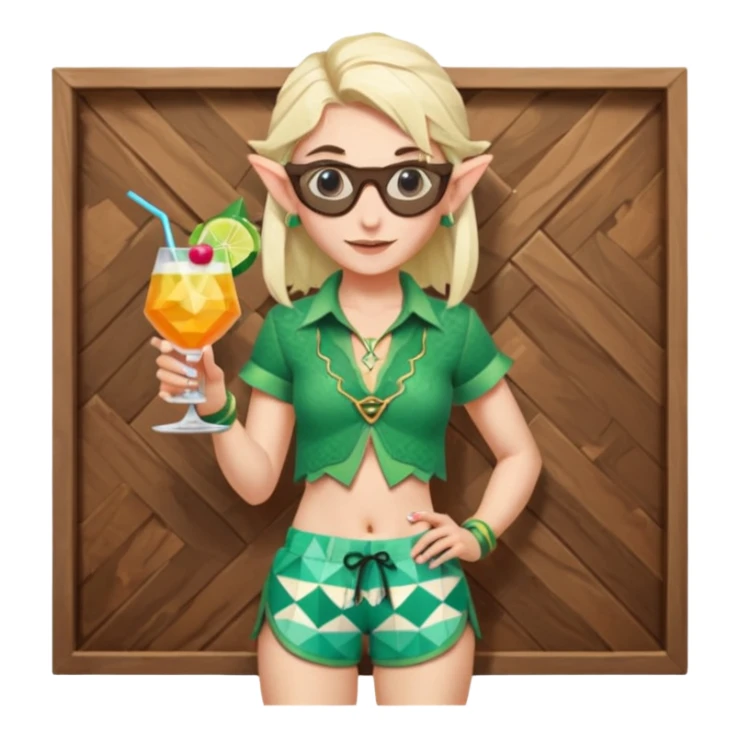 elf female legolas portrait, patterned board shorts (geometric/abstract), unique wooden-framed sunglasses, undercut hairstyle, slight smirk, visible pointy ears, no background, centered emoji, hipster summer vibe coctails  sticker