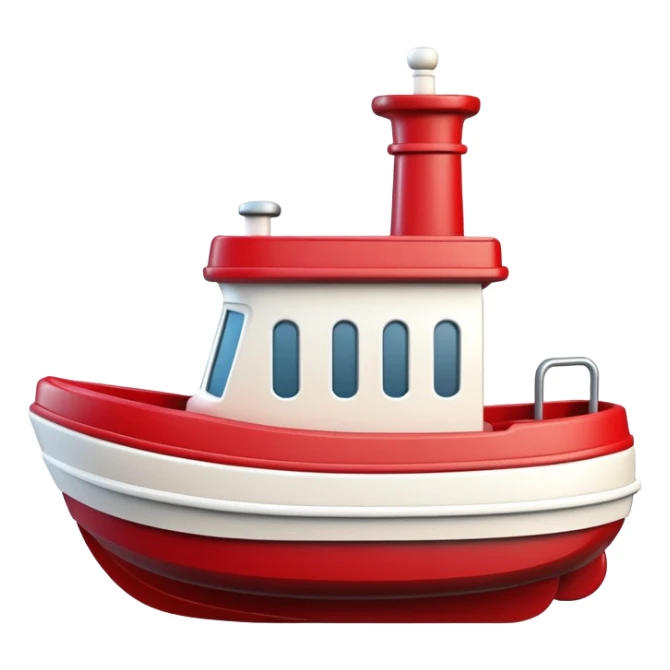 A wooden toy tugboat with a happy face and rosy cheeks sticker